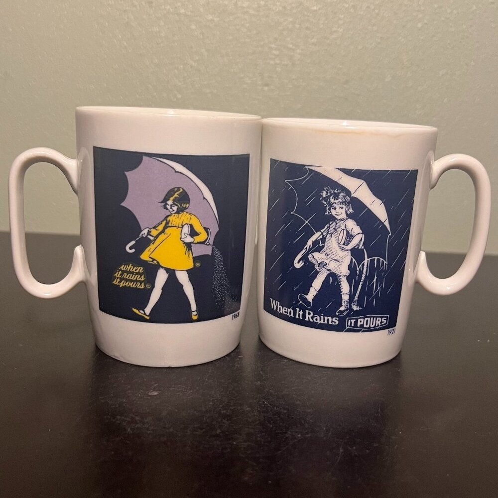 Vtg Morton Salt Girl  “When It Rains It Pours” 1921 & 1968 Logo Ceramic Mugs